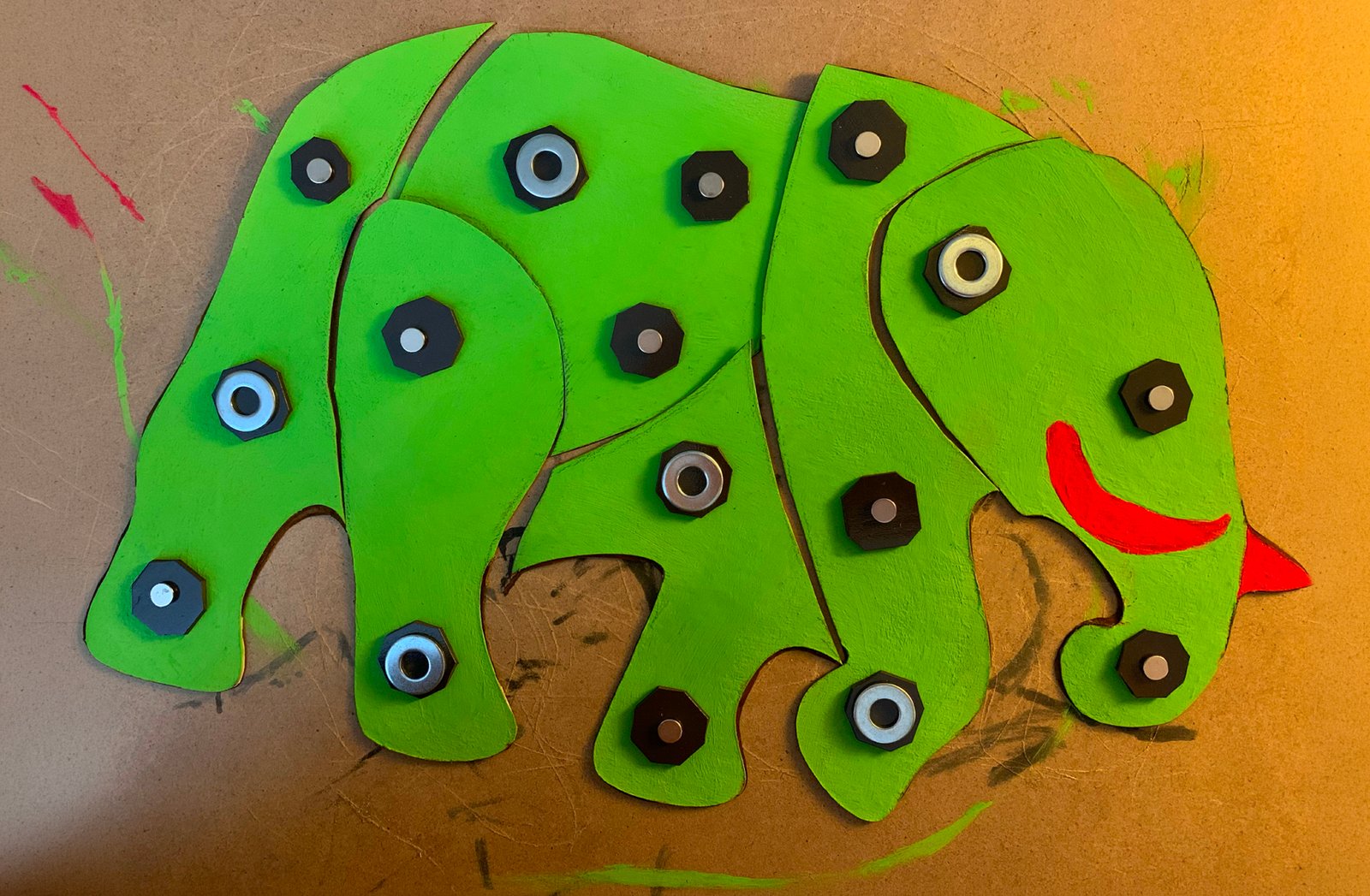 Close-up view of the elephant module highlighting
									 layered fabrication and modular construction
