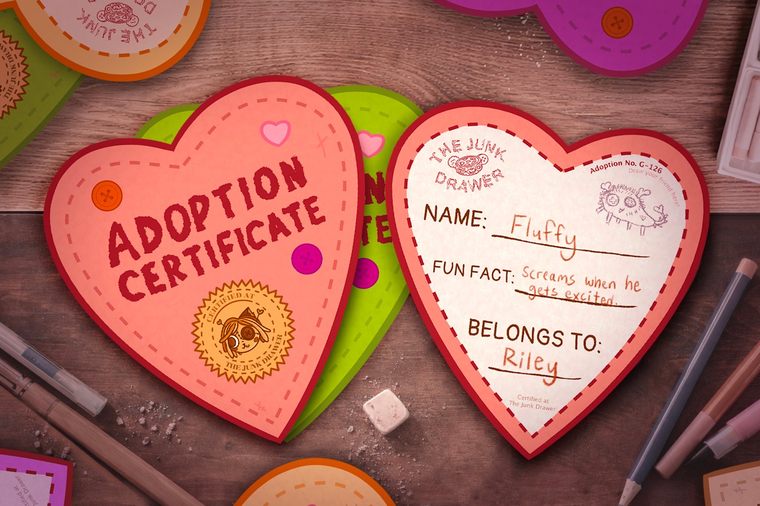 Adoption certificate for the adoption station; heart letter with written information on character/toy made