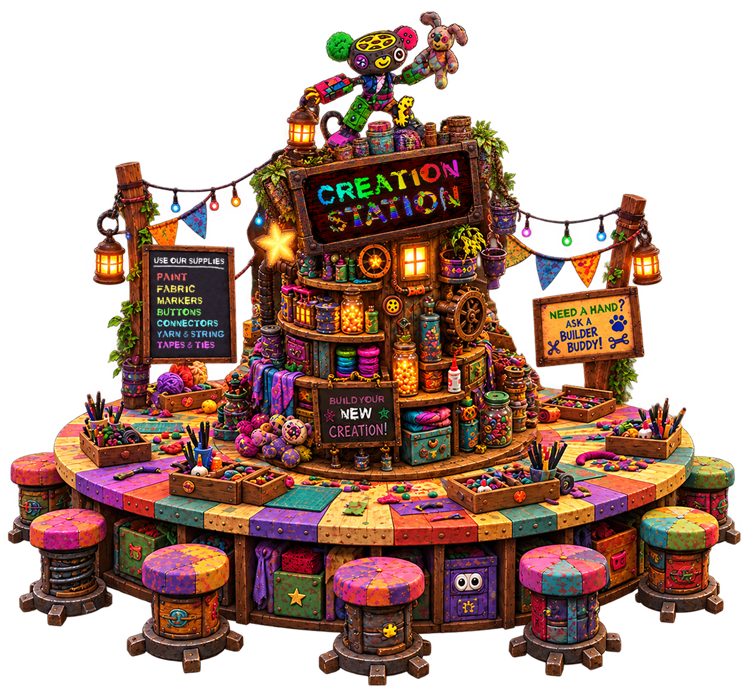 Creation Station circular crafting environment filled with supplies, workspaces, and colorful materials.