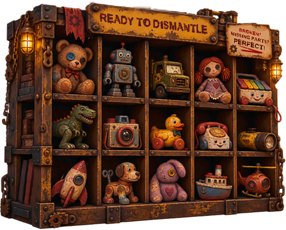Ready to Dismantle cubicle filled with pre-approved toys and objects.