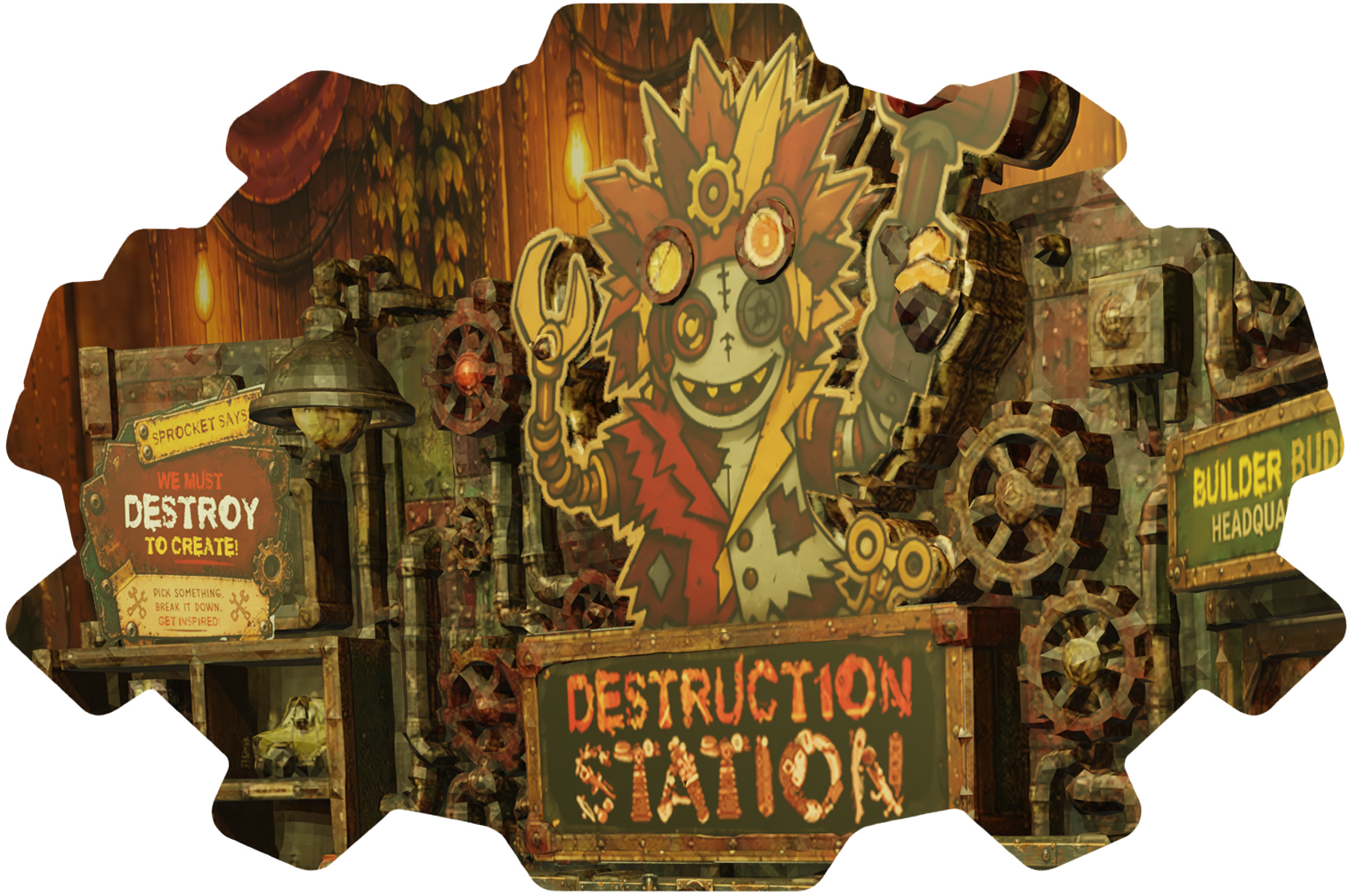 Destruction Station environment featuring Sprocket, mechanical gears, workshop signage, and dismantling displays.
