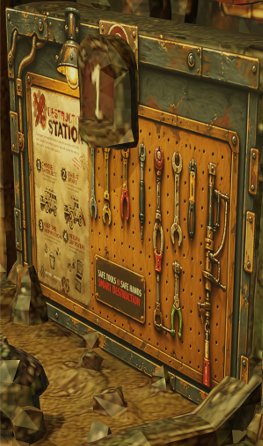 Destruction Station workstation equipped with organized hand tools.