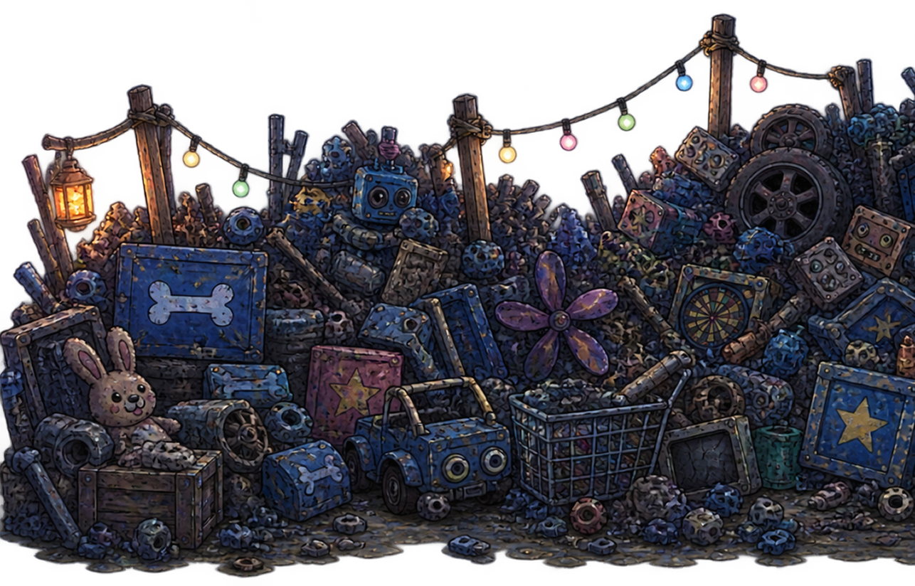 Excavation Station environment featuring piles of reusable objects, discarded materials, string lights, and scavenging bins.