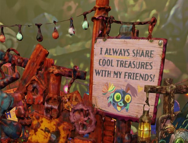 Character-led Excavation Station sign encouraging guests to share discoveries with other visitors.