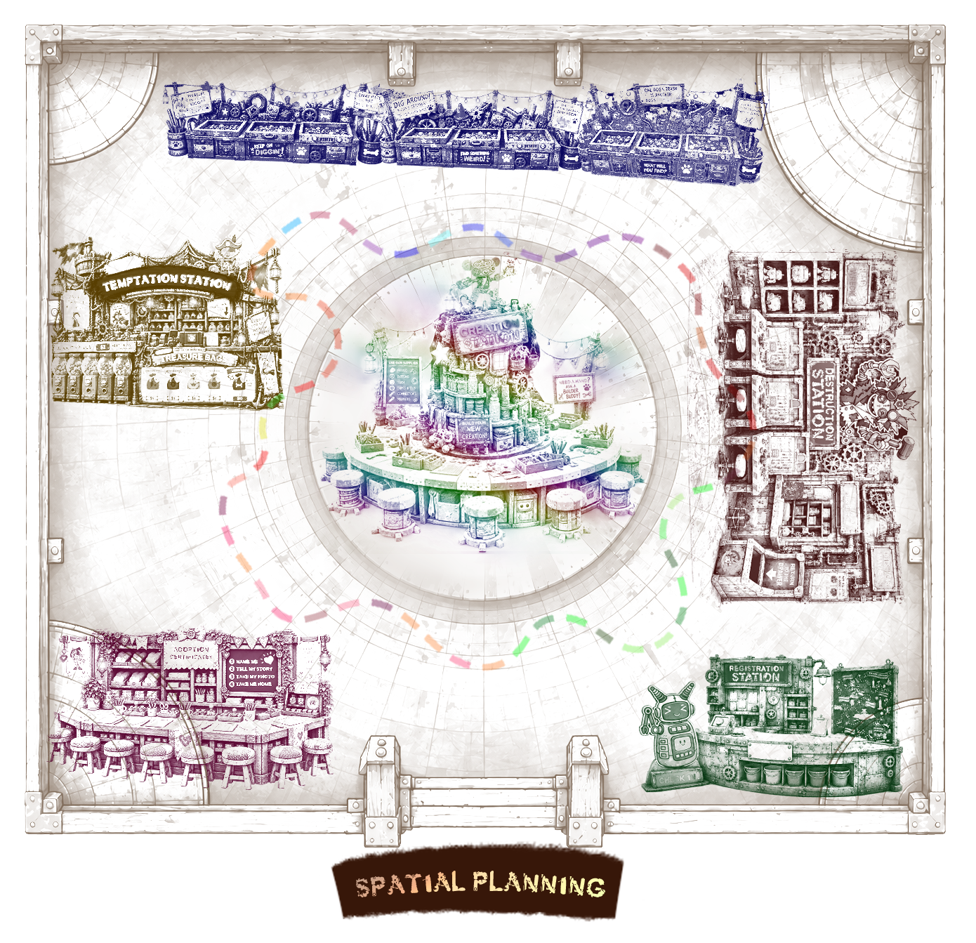 Spatial planning diagram for The Junk Drawer store environment.