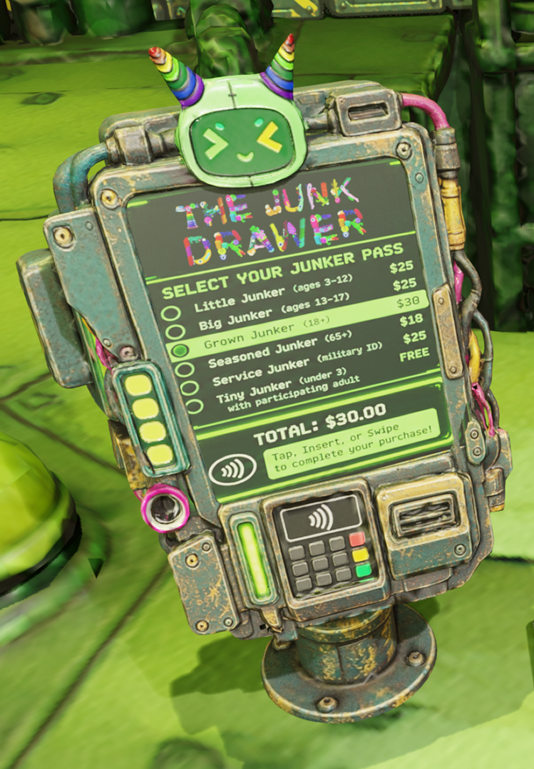 Junk Drawer registration kiosk displaying visitor pass options.
