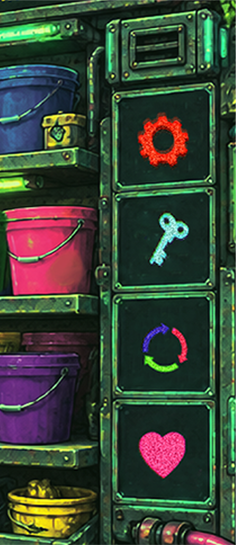 Color-coded station symbols and material buckets used throughout the store.