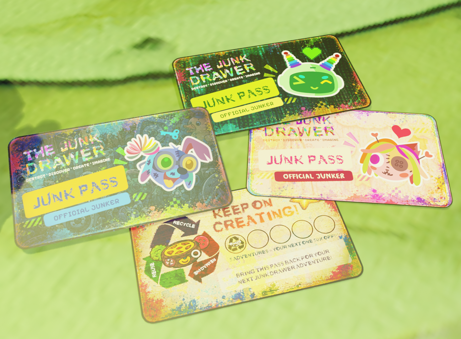 A collection of themed Junk Passes and a Creation Card used during the Junk Journey.