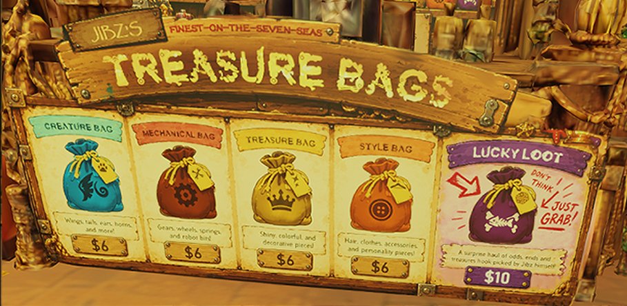 Display of themed Treasure Bags available at Temptation Station.