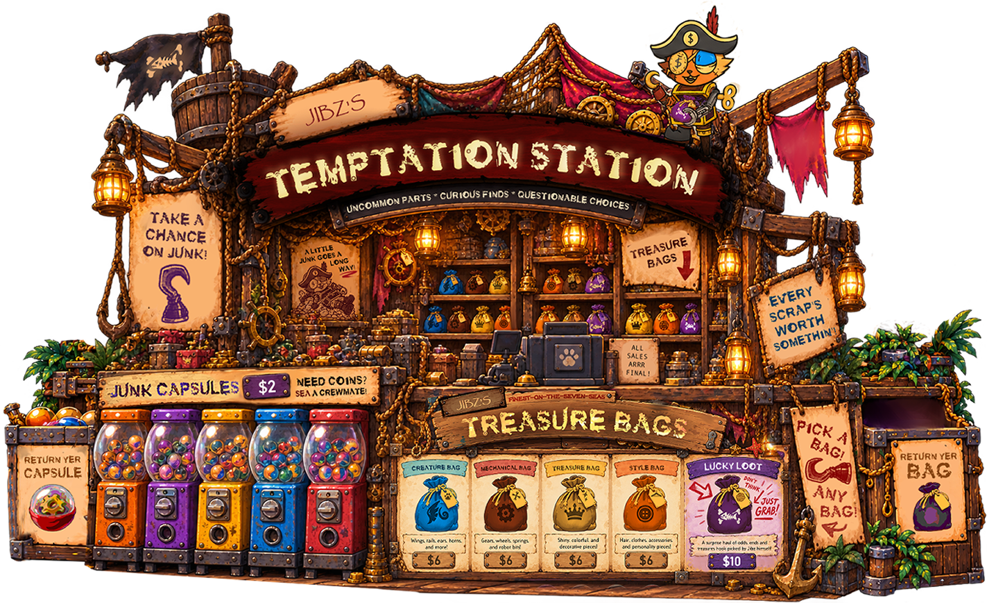 Temptation Station environment featuring Jibz's treasure bags and Junk Capsule machines.