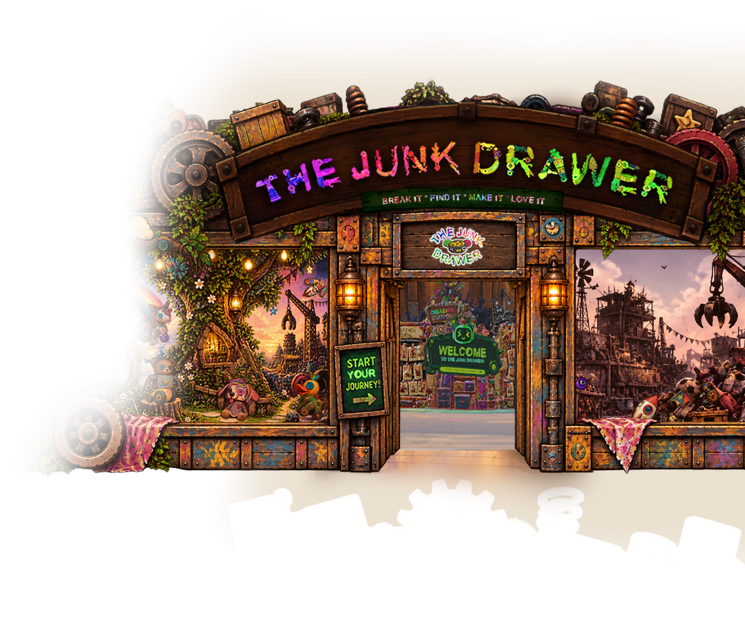 Illustrated entrance to The Junk Drawer experiential store